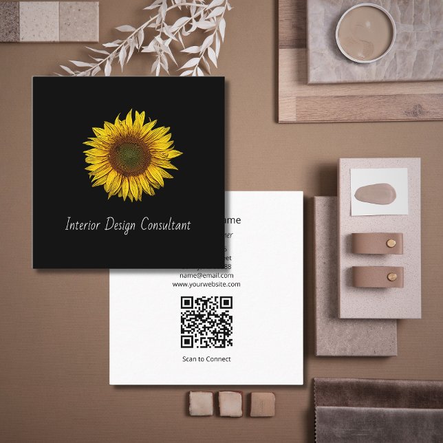 Carte De Visite Carré Sunflower QR code Interior Designer Black White  (Créateur téléchargé)