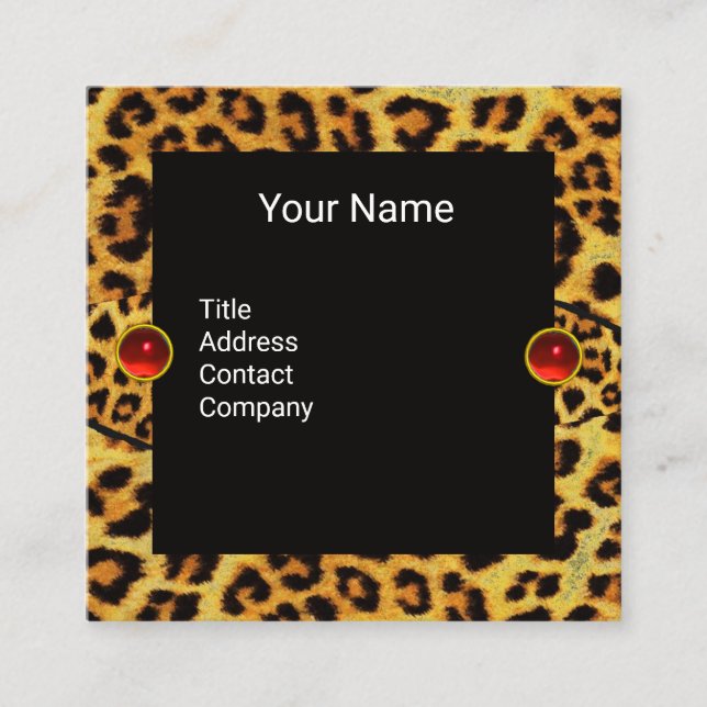 CARTE DE VISITE CARRÉ SUNLOWER, LEOPARD FUR RIBBON, ROUGE RUBY GEMSTONES (Devant)