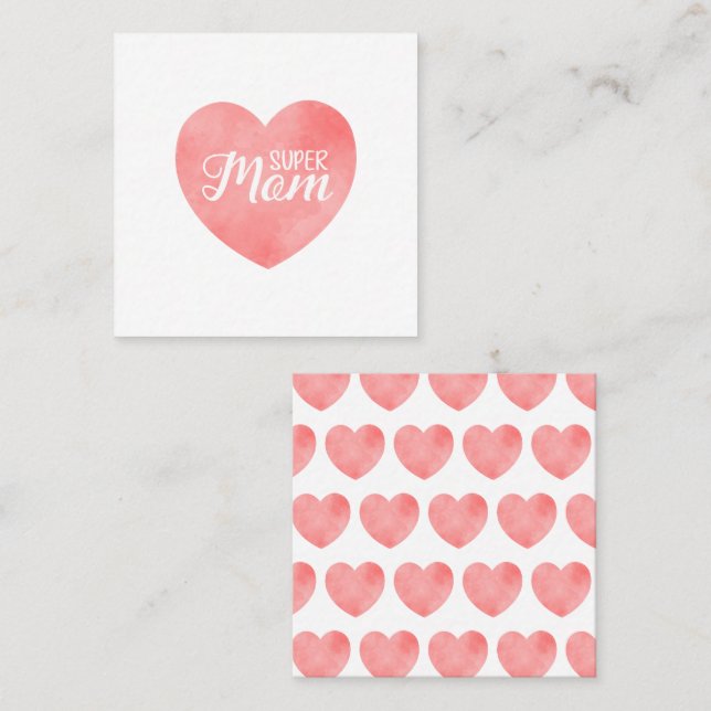 Carte De Visite Carré Super Maman texte dans le coeur rose, la conceptio (Devant / Derrière)