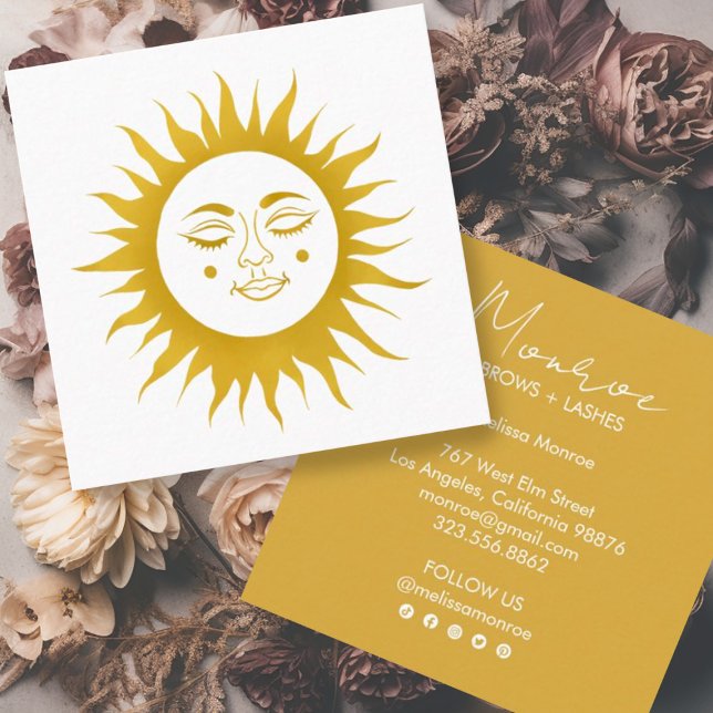 Carte De Visite Carré Sweet Sunshine Boho Line Art Gold Social Media (Sweet sunshine decorates this custom golden business card. Add your own text, change font, edit icon)