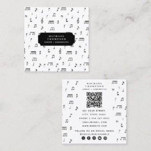 Carte De Visite Carré Symbole de notes musicales en noir et blanc QR Cod