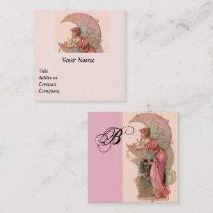 Carte De Visite Carré TAROTS, DAME DE LA LUNE ET FLEURS MONogramme ROSE