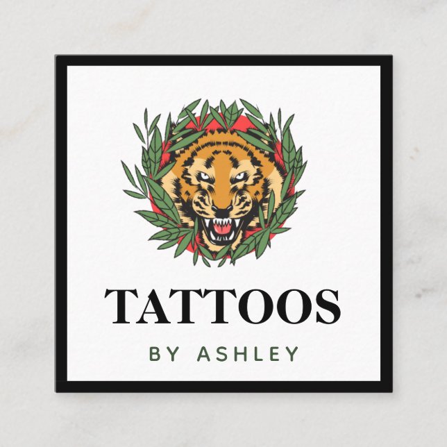 Carte De Visite Carré Tatouage Artiste Wild Tiger Illustration Bold tend (Devant)