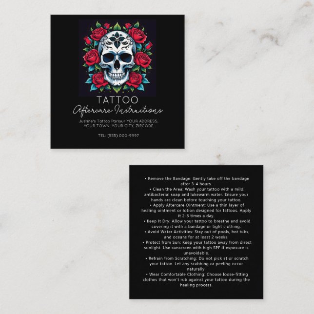 Carte De Visite Carré tatouage au crâne rose Instructions pour les soins (Devant / Derrière)