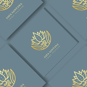 Carte De Visite Carré Teacher De Yoga Fleur De Lotus Bleu Et Or Dusty