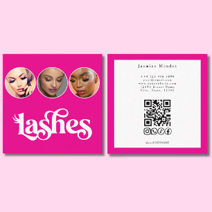 Carte De Visite Carré Technicien de Cils Code QR 3 Photos Rose Vibrant C