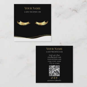 Carte De Visite Carré Technicien de cils QR code noir et or de luxe