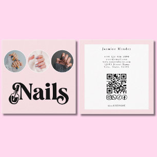 Carte De Visite Carré Technicien en Ongles Rose Pâle 3 Photo Code QR