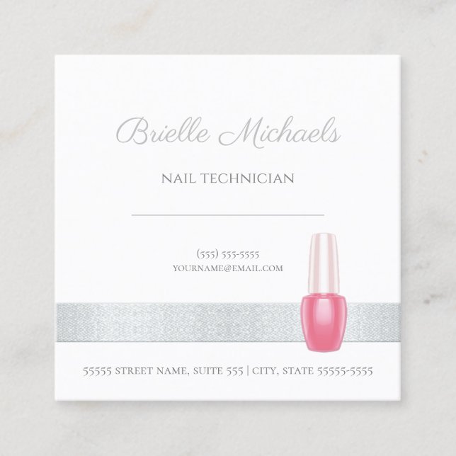 Carte De Visite Carré Technicien Nail Élégant Argent Avec Rose Polonais (Devant)
