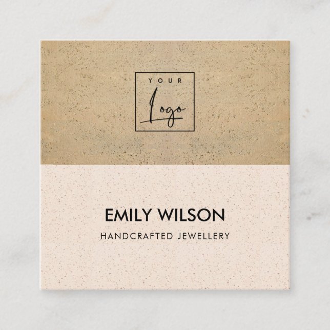 CARTE DE VISITE CARRÉ TERRACOTTE ROSE BLANC TEXTURE LOGO CODE QR (Devant)