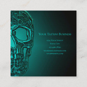 Carte De Visite Carré Tête de crâne gothique Tatouage vert Turquoise mét