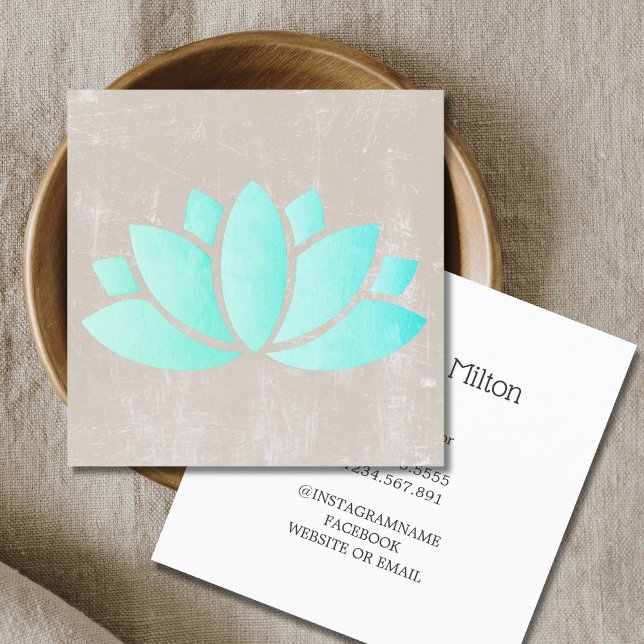 Carte De Visite Carré Texture moderne élégante Beige Bleu Lotus Yoga (Créateur téléchargé)