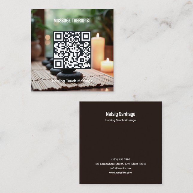 Carte De Visite Carré Thérapeute de massage de code QR (Devant / Derrière)