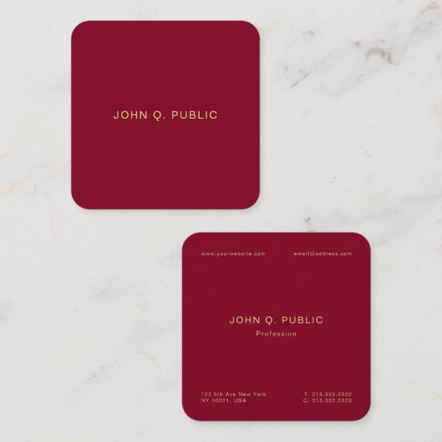Carte De Visite Carré Trendy Elegant Gold Text Burgundy Red Luxury Silk (Devant / Derrière)
