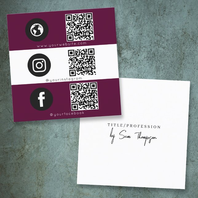 Carte De Visite Carré Triple Icon & QR Code Business Social Media Maroon (Triple Icon & QR Code Business Social Media Maroon Square Business Card)