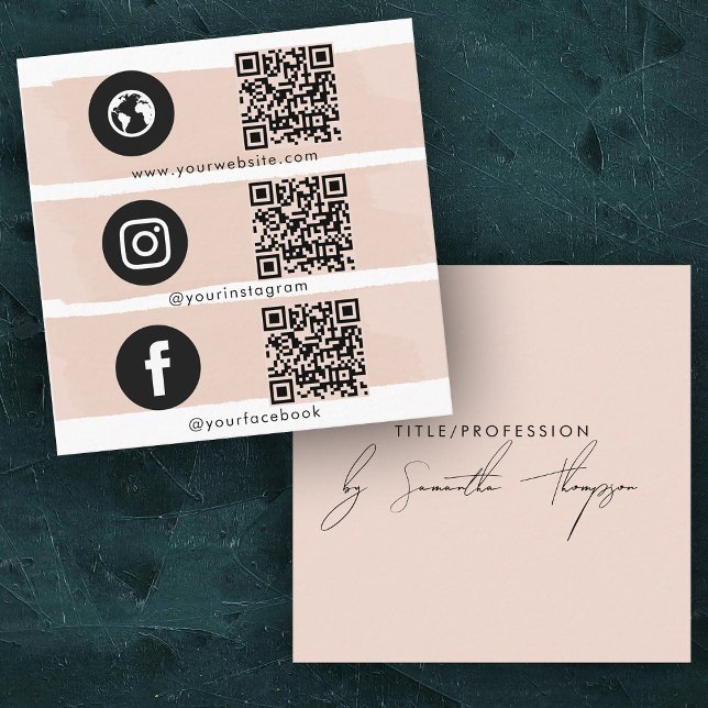 Carte De Visite Carré Triple Icon QR Code Social Media Blush Pink (Triple Icon QR Code Social Media Blush Pink Square Business Card)
