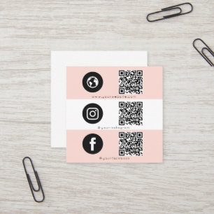 Carte De Visite Carré Triple Icon QR Code Social Media Rose Feminine