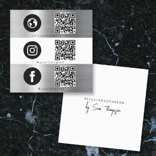 Carte De Visite Carré Triple Icon QR Code Social Media Silver Metal