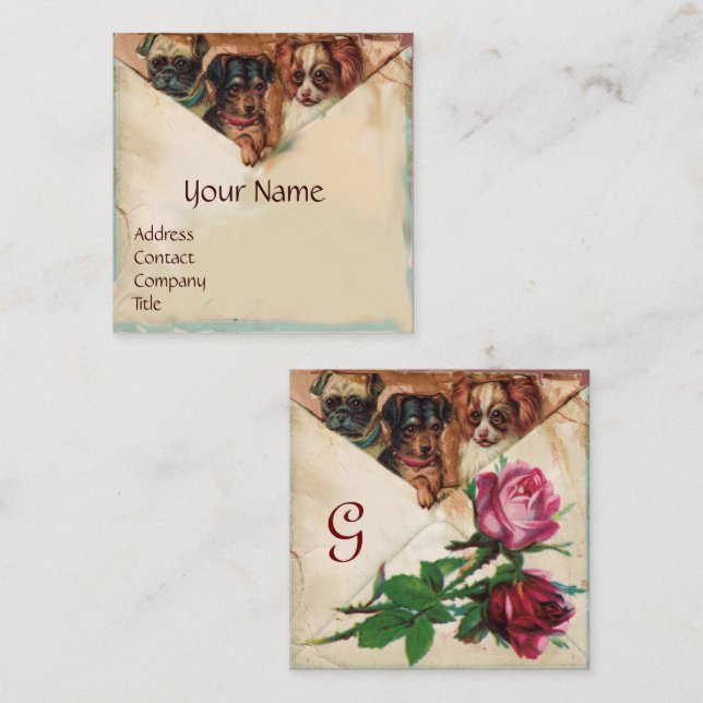 Carte De Visite Carré TROIS DOGGIES AVEC ROSES, Parchemin, Monogramme (Devant / Derrière)