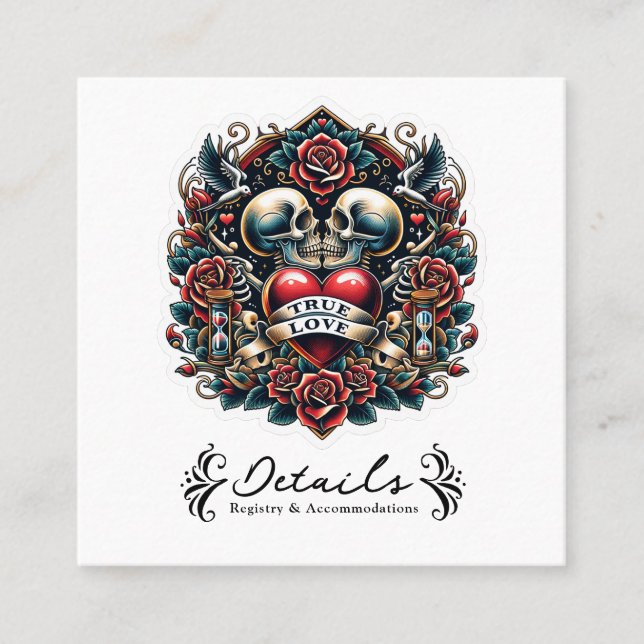 Carte De Visite Carré True Love Skeleton Heart Tattoo Détails du Mariage (Devant)