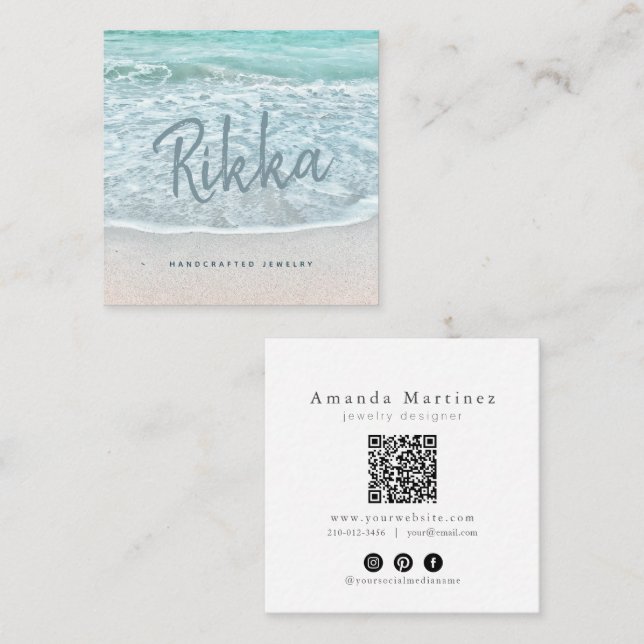 Carte De Visite Carré Turquoise Ocean Sandy Beach Handmade Jewelry QR (Devant / Derrière)