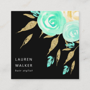 Carte De Visite Carré Turquoise Peonies faux or parties scintillant Cart