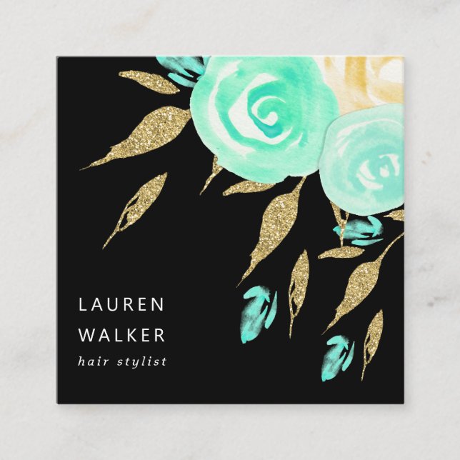 Carte De Visite Carré Turquoise Peonies faux or parties scintillant Cart (Devant)