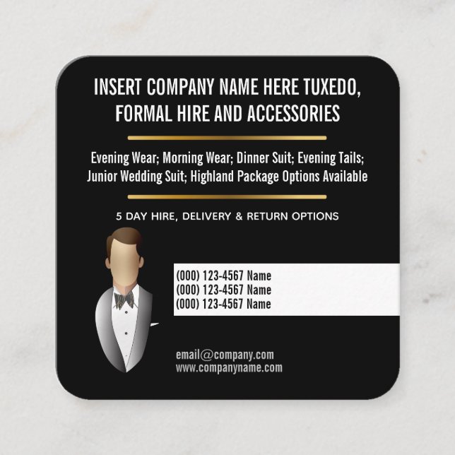 Carte De Visite Carré Tuxedo, entreprise de location de costumes (Devant)