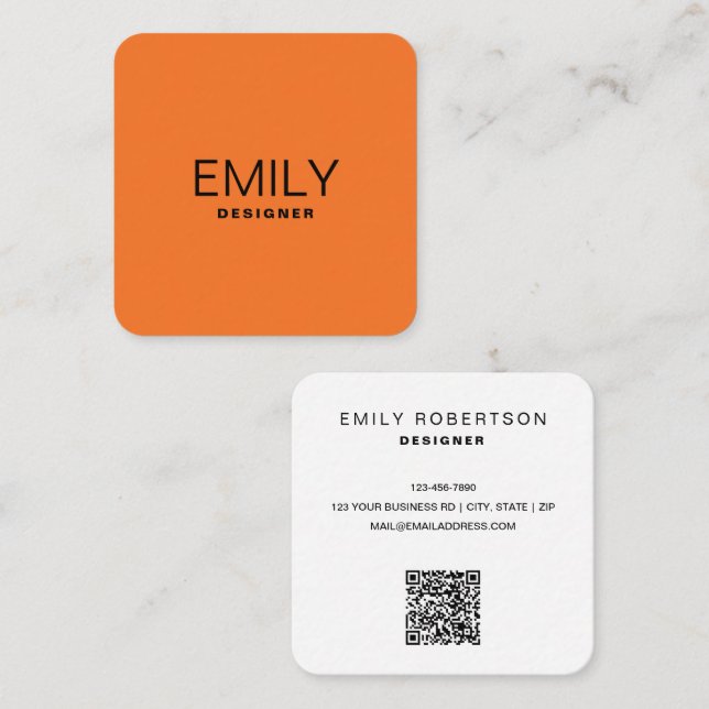 Carte De Visite Carré Typographie noire moderne | Orange (Devant / Derrière)