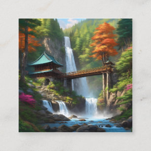 Carte De Visite Carré Un tableau d'une cascade au milieu d'une forêt