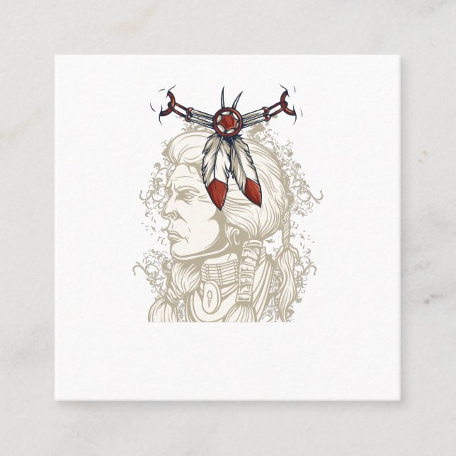 Carte De Visite Carré une belle amérindienne et une neckla à plumes (Devant)