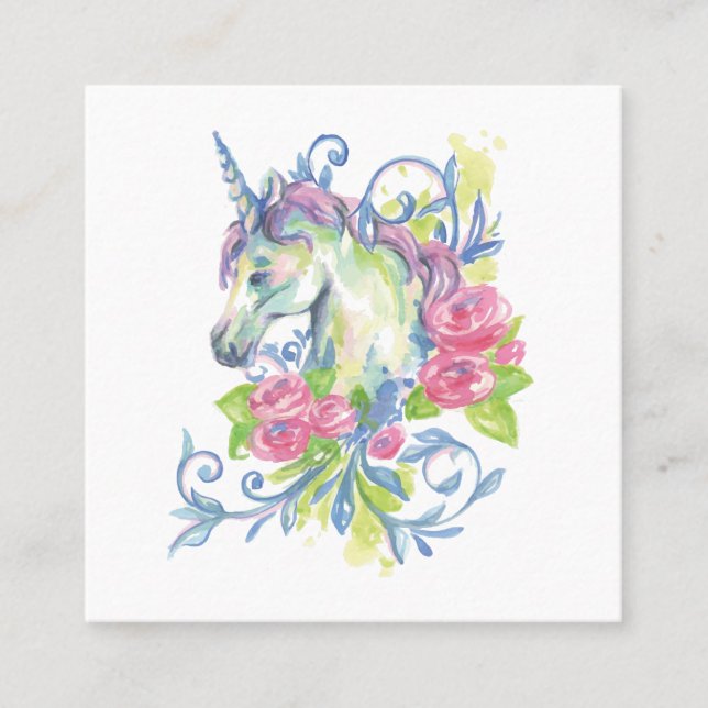 Carte De Visite Carré Unicorne avec roses (Devant)