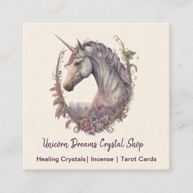 Carte De Visite Carré Unicorne violette et fleurs (Devant)