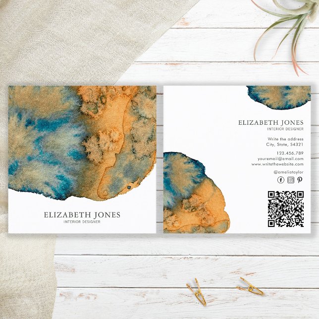 Carte De Visite Carré Unique Blue Terracotta Abstrait Aquarelle QR Code (Front and Back)