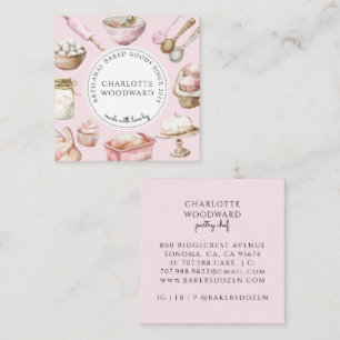 Carte De Visite Carré Ustensiles de desserts Rose Aquarelle Boulanger
