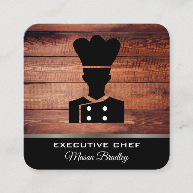 Carte De Visite Carré Ustensiles en bois rustique | Grill Master | Chef (Devant)