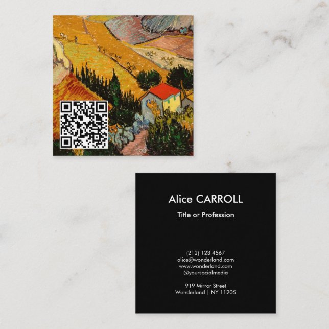 Carte De Visite Carré Van Gogh - Paysage, Maison, Plowman - QR Code (Devant / Derrière)