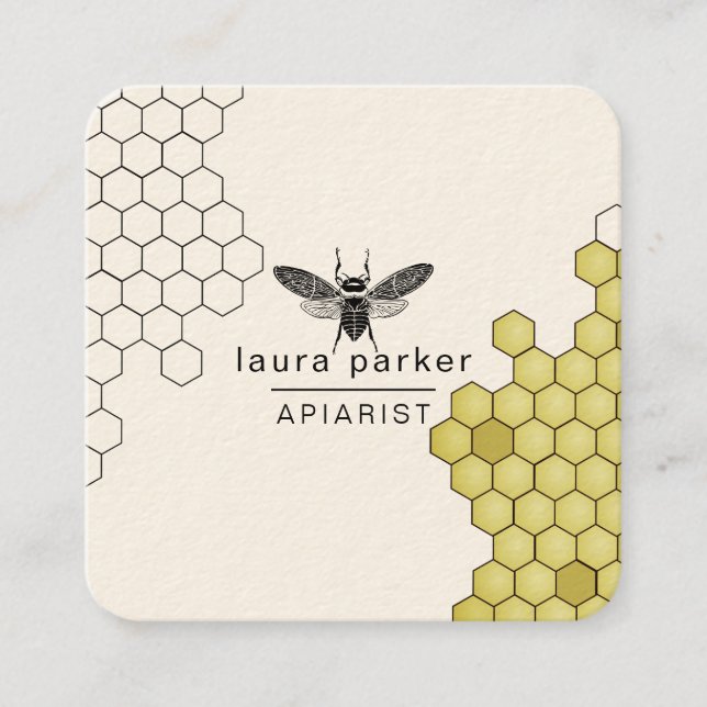 Carte De Visite Carré Vendeur d'abeilles Hexagone jaune noir Apiariste (Devant)