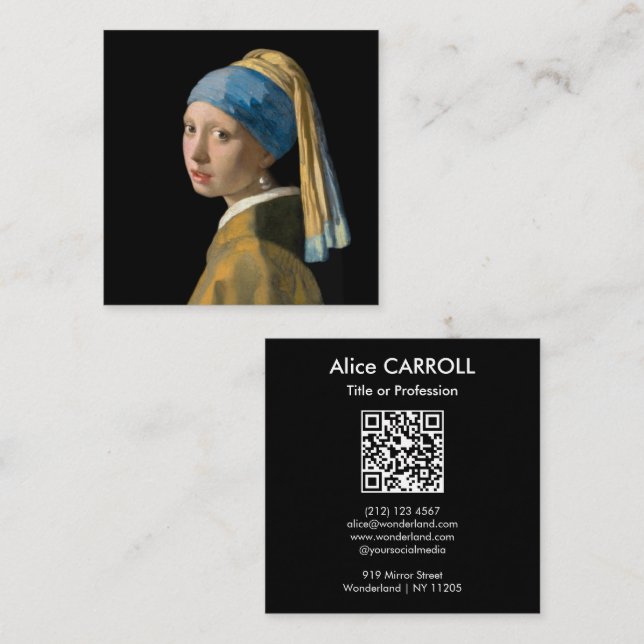 Carte De Visite Carré Vermeer - Fille à oreille perle - Code QR (Devant / Derrière)