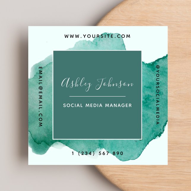 Carte De Visite Carré Vert aquarelle tendance médias sociaux QR Code Bol (Créateur téléchargé)