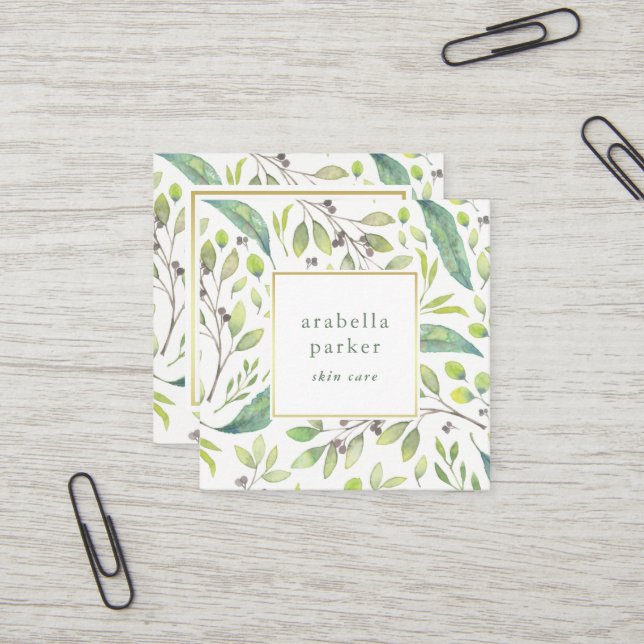 Carte De Visite Carré Vert feuilles | Motif Aquarelle tendance (Devant/Arrière en situation)