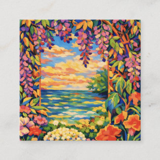 Carte De Visite Carré Vibrant Coastal Garden Window – Fauvist Botanical 