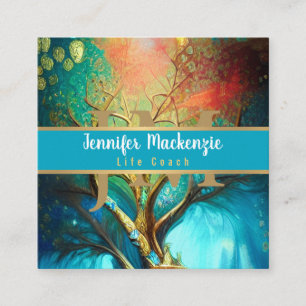 Carte De Visite Carré Vie Coach Thérapiste Rainbow Tree of Life