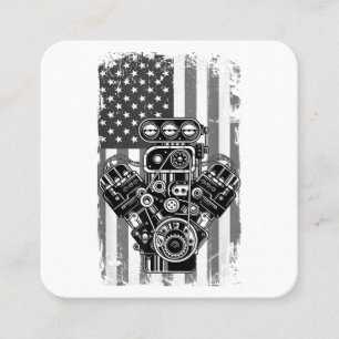 Carte De Visite Carré Vieux Véhicule Musclé Piston Drapeau Américain Méc