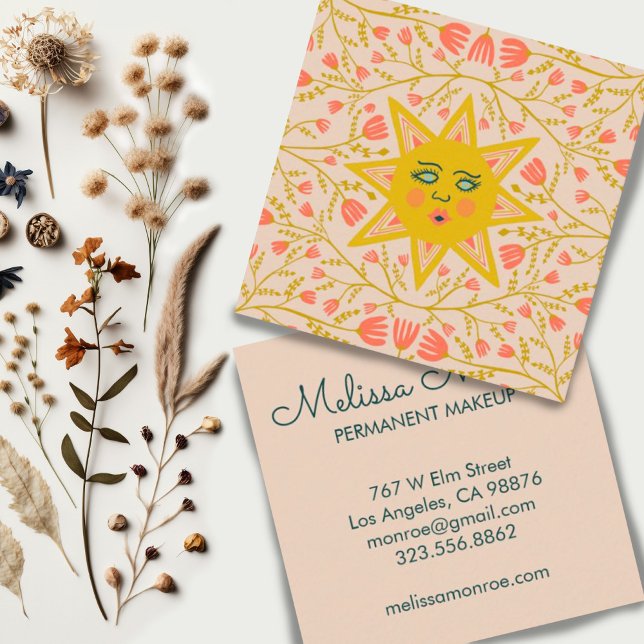 Carte De Visite Carré Vins soleil et fleurs Élégant Boho Sandy (Colorful sun and flowering vines illustration custom business cards)