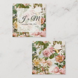 Carte De Visite Carré Vintage Botanique Floral Blush rose Jaune w Oiseau