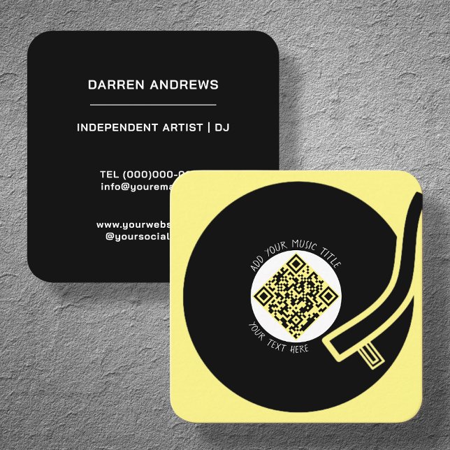 Carte De Visite Carré Vinyle jaune | Code QR de musique (Créateur téléchargé)