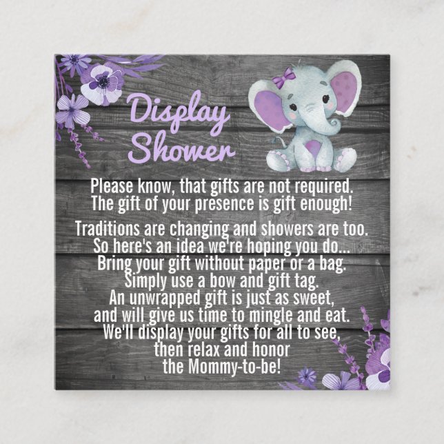 Carte De Visite Carré Violet Display douche éléphant rustique floral (Devant)
