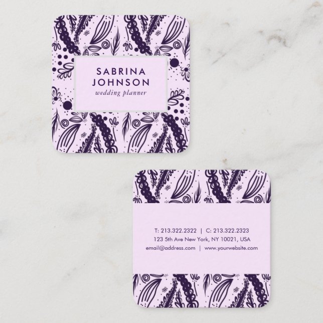 Carte De Visite Carré Violet feuille pois motif rose (Devant / Derrière)