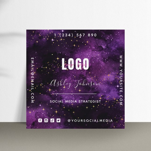 Carte De Visite Carré Violet Galaxy Space Sparkles QR Code & Logo Cosmiq (Créateur téléchargé)